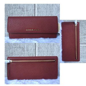 NEW Authentic Michael Kors Flat Saffiano Leather Snap Closure Wallet BRICK Color